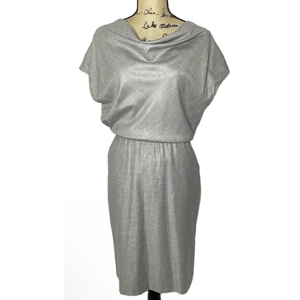 St. John Wool Dress Gray Draped Short Sleeve Cowl Neck Dress Size 14
